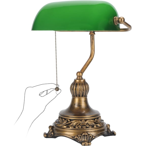 Bankers Lamp with Pull Switch, Green Glass Desk Lamp with Retro Black/Gold Finish, Vintage Table Lamps for Living Room, Library, Piano(Green)