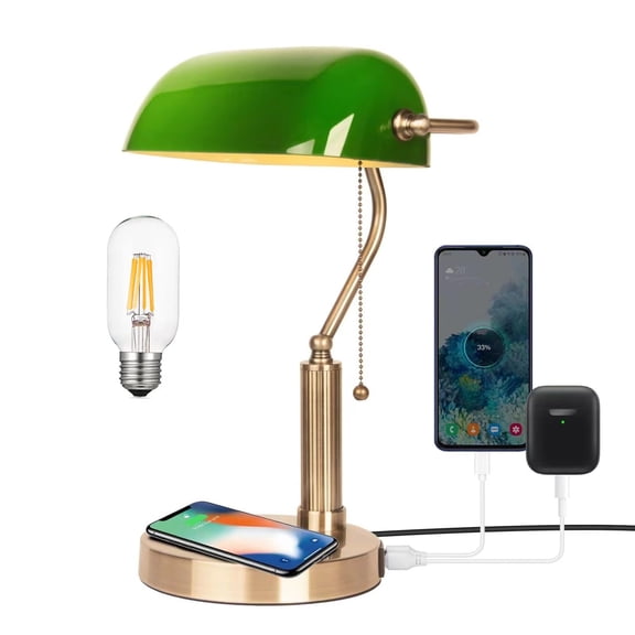 Bankers Lamp with2 USB and Wireless Charging PortPull Chain Switch Green Glass Desk Lamp E26 Base,Traditional Library Desk Lamps for Home Office,Bedroom,Piano