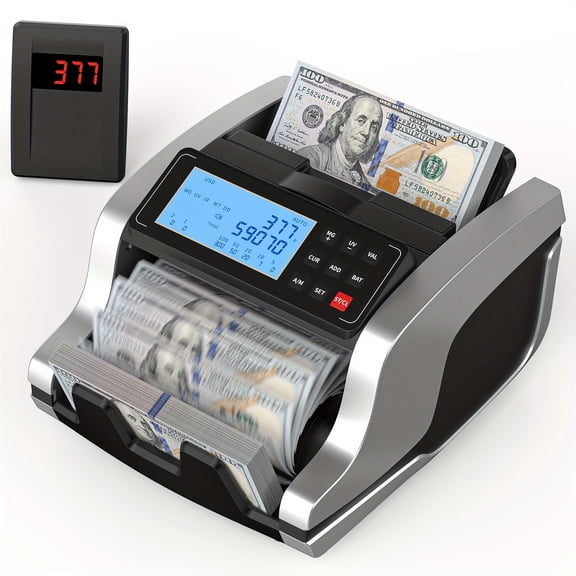 Banknote Counting Machine with UV/MG/IR Counterfeit Detection for USD and EUR, Featuring Count/Add/Batch/Auto Modes and External LCD Display, Office Currency Counter