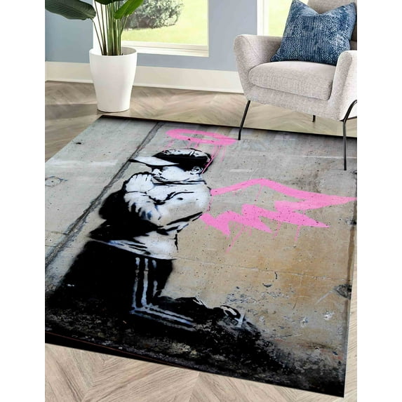 Banksy Angel Boy Rug, Banksy Graffiti Rugs, Graffiti Rug, Hallway Rug, Boy Prayer Rug, Thin Rug, Gift For Her, Printed Rug, Thin Rug, 2.6'x6.5' - 80x200 cm