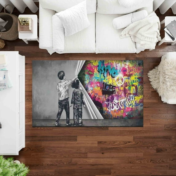 Banksy Behind the Curtain Rug, Trendy Rugs, Salon Decor Rug, Banksy Child Rug, Graffiti Rug, Dining Room Rug, Gift For The Home,Abstract Rug, 2.6'x4' - 80x120 cm