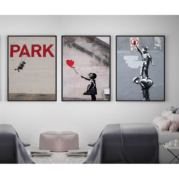 Banksy Canvas Prints and black Framed Wal Art Prints set of 3