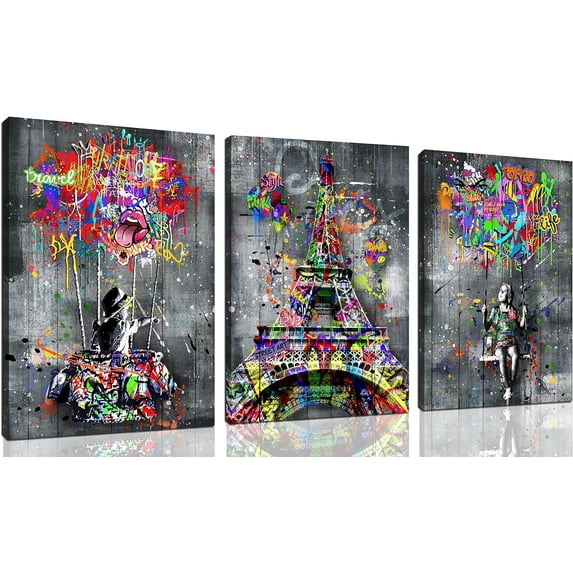 Banksy Canvas Wall-Art 3 Piece Graffiti Art Wall Decor Paris Eiffel Tower Wall Decor for Bedroom Ready to Hang Size 16" x 12"