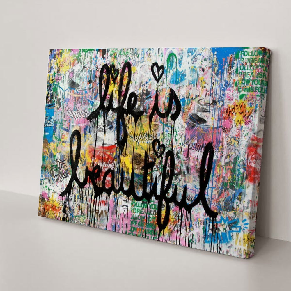 Banksy Canvas Wall Art Life is Beautiful Graffiti Abstract Painting Posters and Prints for Home Decor Living Room Office, Framed Ready to Hang(40" W x 30" H，Framed)