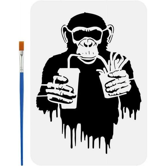 Banksy Chimpanzee Stencil for Painting 8.3x11.7inch Hollowed Banksy Graffiti Template with Brush A Chimpanzee with Fast Food Painting Stencil Monkey Stencil Banksy Theme Template Colorful