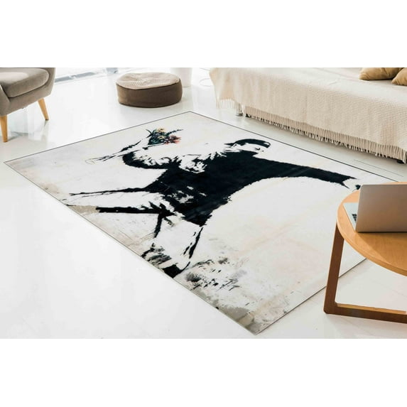 Banksy Flower Graffiti Rug, Outdoor Rugs, Printed Rug, Front Door Rug, Easy to Clean Rug, Graffiti Rug, Anarchy Graffiti Rugs, Non Slip Rug, 3.3'x9.2' - 100x280 cm