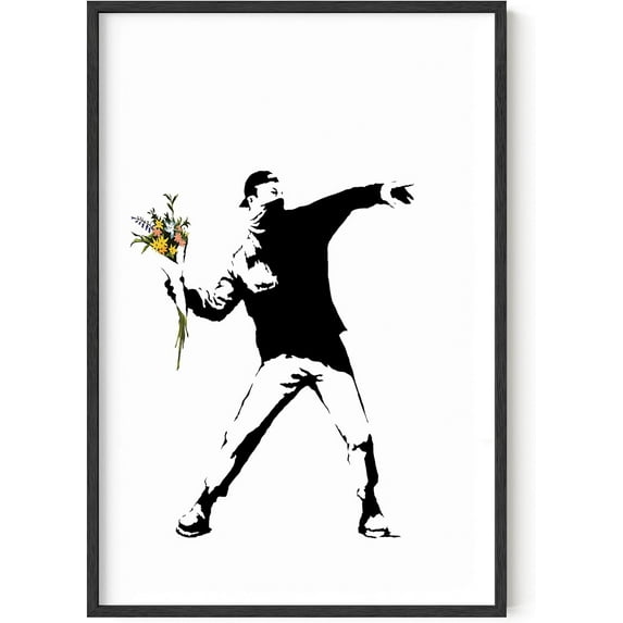 Banksy Flower Thrower Wall Art Graffiti - By Haus and Hues Graffiti Art Banksy Prints Graffiti Art Wall Decor Banksy Wall Poster Modern Pop Art Banksy (Framed Black 24x36)