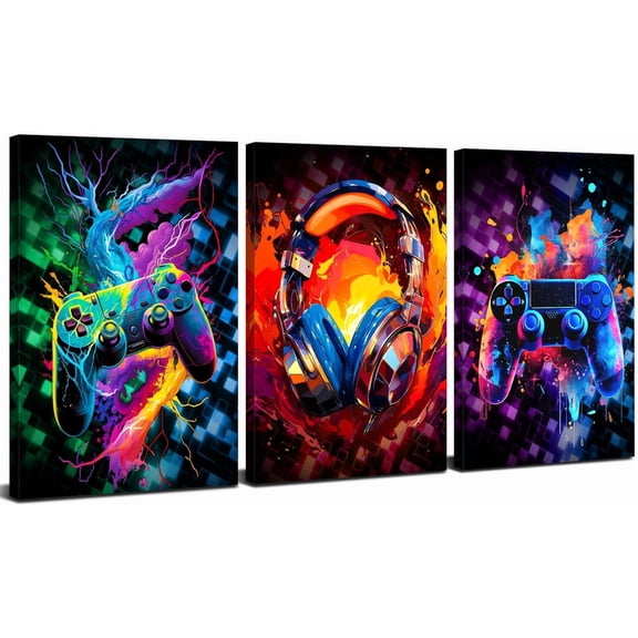 Banksy Gaming Wall Art Cool Graffiti Gamepad Headphone Wall Decor for Boys Room Street Pop Game Pictures Teen Gamer Playroom Bedroom Modern Video Canvas Painting Dorm Men Cave Decorations 12x16'' 3P