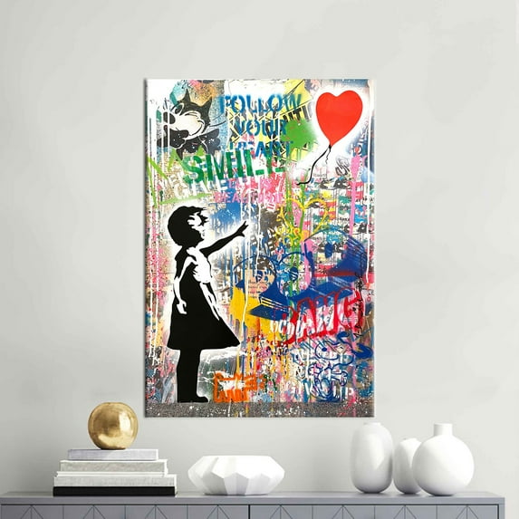 Banksy Girl Graffiti, Living Room Printed Canvas, Large Wall Art, Canvas Print, Banksy Girl Canvas, Banksy Balloon Canvas Art, Canvas Wall Decor - Gold Framed
