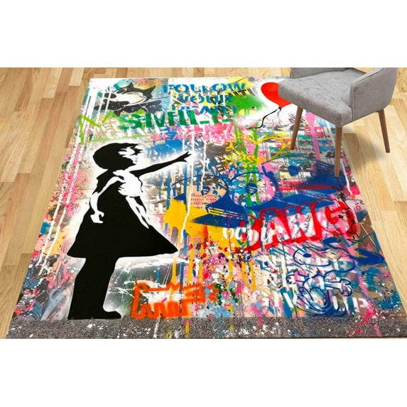 Banksy Girl Graffiti Rug, Famous Rugs, Housewarming Gift Rugs, Red Balloon Rug, Famous Rug, Thick Rug, Home Decor Rugs, Front Door Rugs, 3.3'x9.2' - 100x280 cm