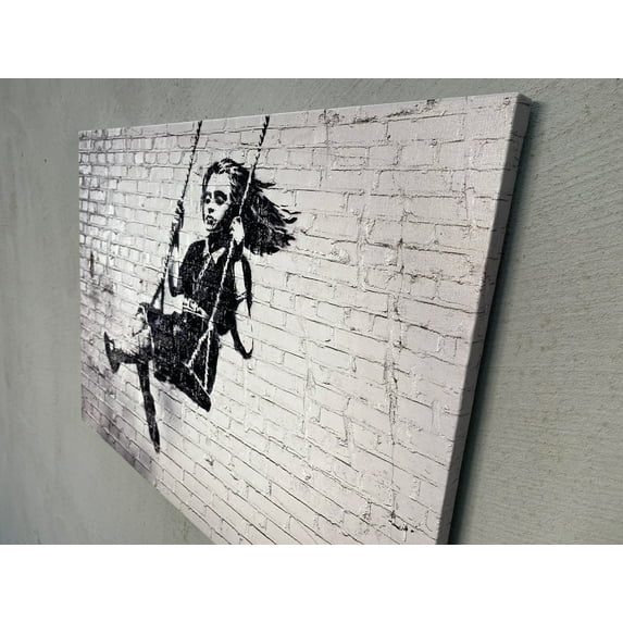 Banksy Girl On Swing, 3D Printed Canvas, Large Wall Art, Printed Canvas, Street Canvas Decor, Swing Girl Canvas Poster, Graffiti Art, Canvas Wall Decor - 3P-Black Framed