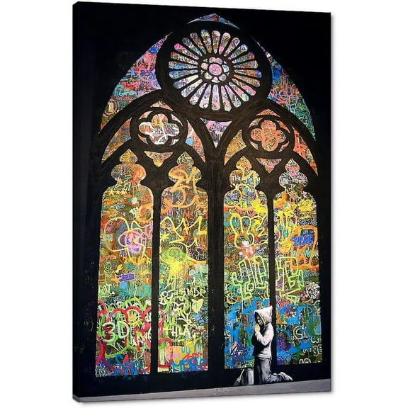 Banksy Graffiti Wall Art Graffiti Boy Picture Print on Canvas Decor Modern Street Painting Wall Decor Artwork Bedroom Living Room Wall Decorations Wooden Framed Ready to Hang - 12"W x 18"H