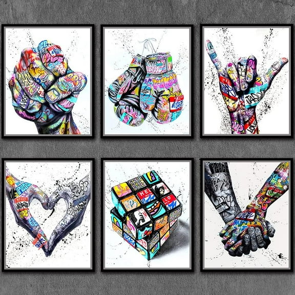 Banksy Graffiti Wall Art on Canvas Colorful Street Art Love Hand Fist Power Poster Modern Home Boy Room Bathroom Decor Unframed 8x10inch set of 6pcs