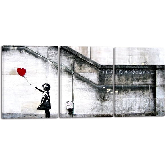 Banksy Grafitti Girl with Red Balloon Modern 3 Piece Famous Canvas Paintings Wall Art Inspirational Grey Love Pictures Print Artwork for Dining Room Kitchen Home Office Decor