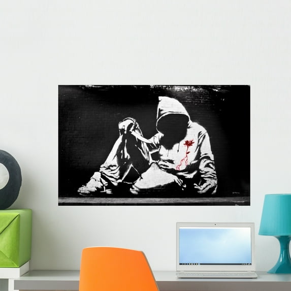 Banksy Hoodie with Knife Wall Mural by Wallmonkeys Peel and Stick Graphic (24 in W x 15 in H) WM158581