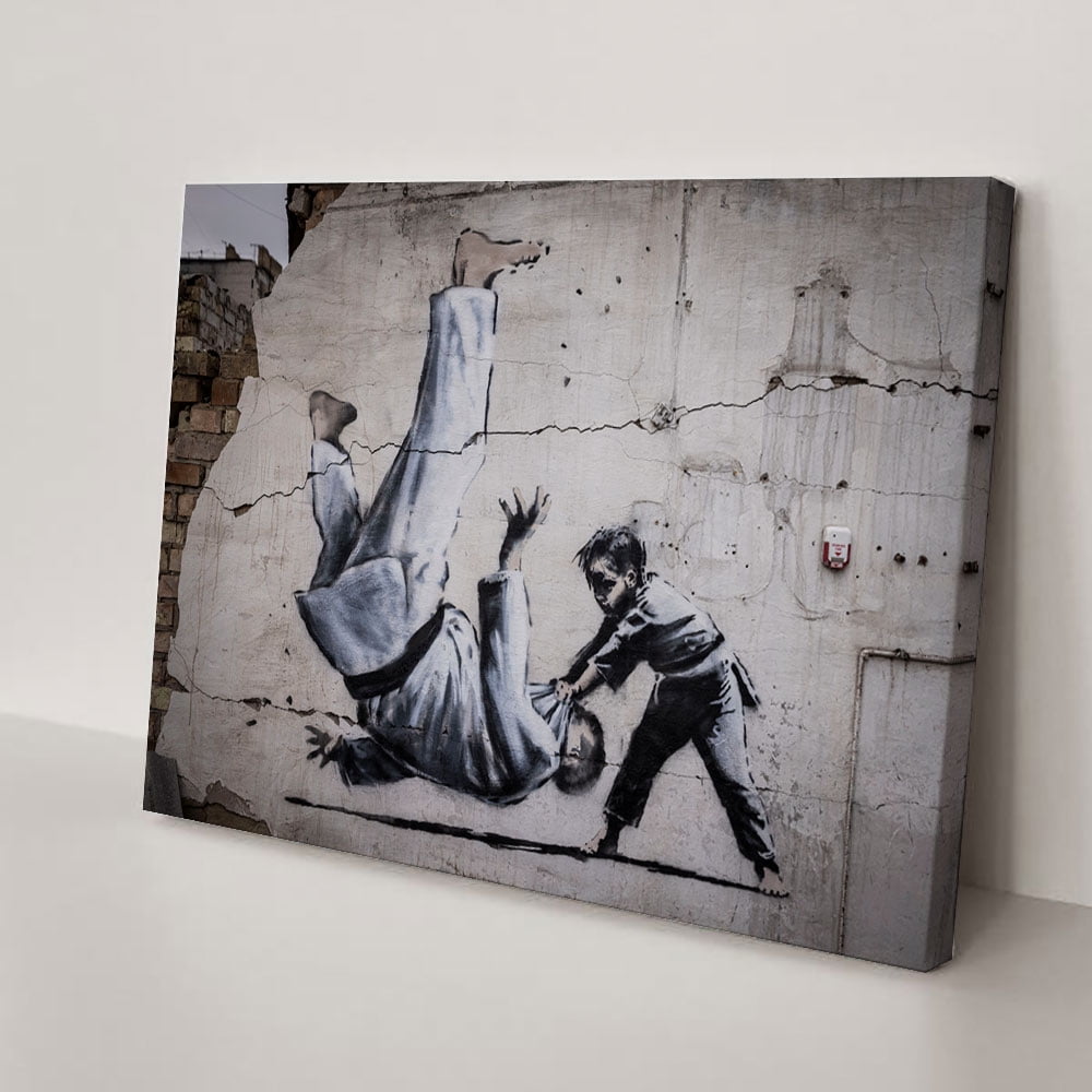 Banksy Judoka 3D Canvas, Handmade Gift, Painting Poster, Judoka Graffiti Wall Hanging, Banksy Boy Art Canvas, 8D Canvas, Decor Canvas(40" W x 30" H，Framed)
