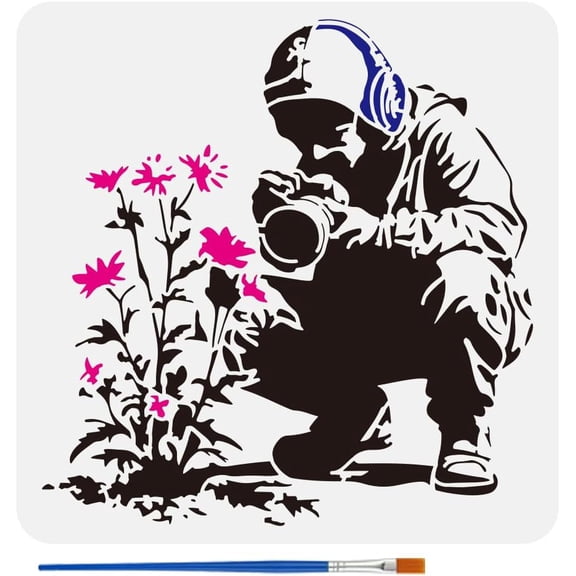 Banksy Painting Stencil with Paint Brush 11.8x11.8inch Headphones Boy with Camera to Photograph Flowers Drawing Template Banksy Style Stencil for Painting on Wood Wall Fabric Furniture for DIY