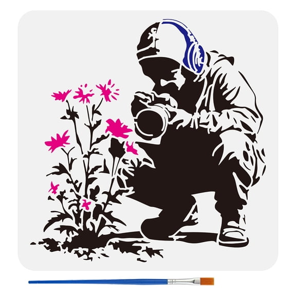 Banksy Painting Stencil with Paint Brush 11.8x11.8inch Headphones Boy with Camera to Photograph Flowers Drawing Template Banksy Style Stencil