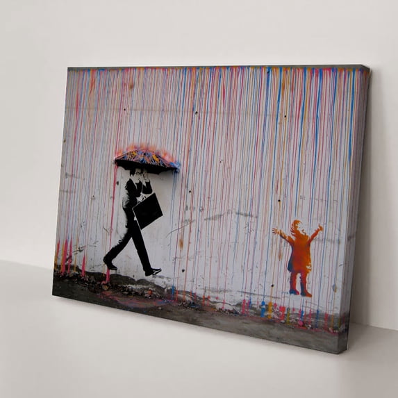 Banksy Raining Day or Colorful Graffiti Street Famous Canvas Paintings Wall Art Modern Inspirational Grey Love Pictures Print Artwork for Dining Room Kitchen Home Office Decor(40" W x 30" H，Framed)