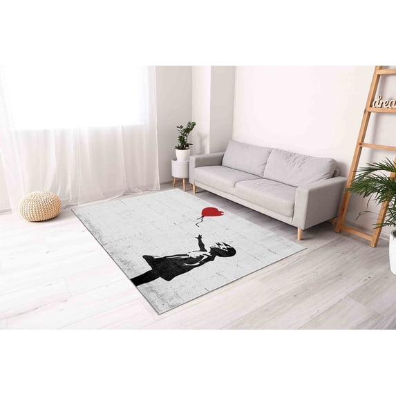 Banksy Red Balloon Rug, Street Rugs, Personalized Rugs, Girl with Heart Rug, Graffiti Rug, Printed Rug, Personalized Gifts Rugs, Luxury Rug, 2.6'x6.5' - 80x200 cm