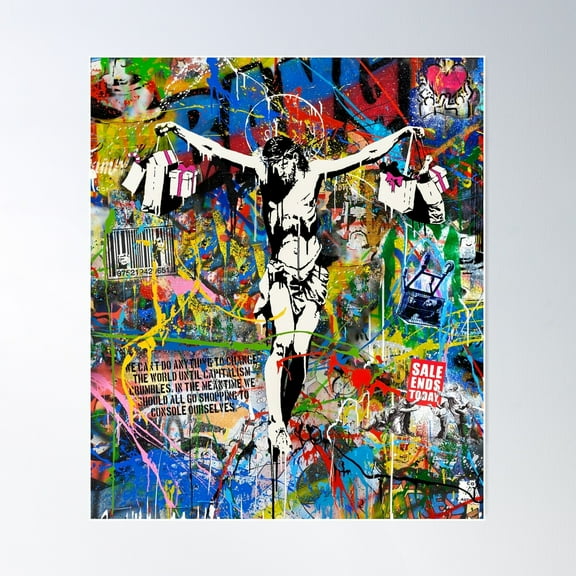 Banksy Shopping Jesus Pop Street Art Mashup Poster Wall Art, Modern Wall Decor For Living Room Bedroom, 12x18 UNFRAMED