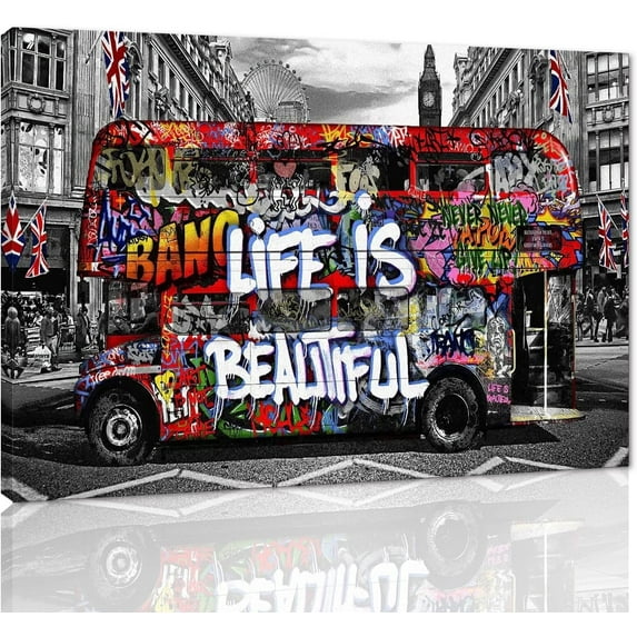 Banksy Street Art Mural Colorful Graffiti Bus Canvas Wall Art Life is Beautiful Pop Art Modern Framed Canvas Wall Art Decor for Room Living Room Bedroom Walls Easy to Hang - 18x12 Inch