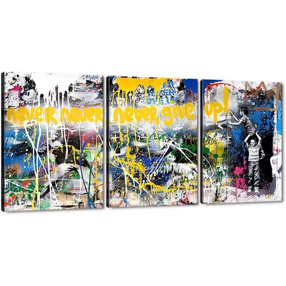 Banksy Street Classic Graffiti Wall Art, Never Give Up Inspirational Quote Poster Picture Art Print on Canvas, Pop Painting for Living Room Bedroom 3 Pieces Framed Artwork - 36\u201dW x 16\u201dH