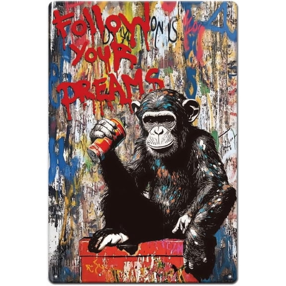 Banksy Street Graffiti Monkey Metal Signs Inspirational Tin Sign Funny Vintage Tin Signs Abstract Wall Art Wall Poster Decor for Living Room Bedroom Bar Club Man Cave Retro Decor 30x20cm colorful
