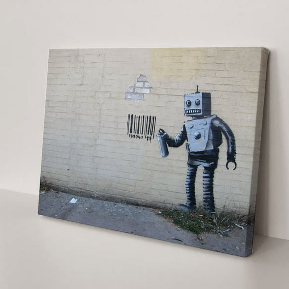 Banksy Wall Art Coney Island Barcode Robot Banksy Graffiti Street Canvas Art Framed Painting for Bedroom Livingroom Office Ready to Hang(12" W x 8" H,Framed)