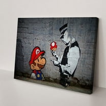 Banksy Wall Art Mario and Policeman Banksy Graffiti Street Canvas Art Framed Painting for Bedroom Livingroom Office Ready to Hang(12" W x 8" H，Framed)
