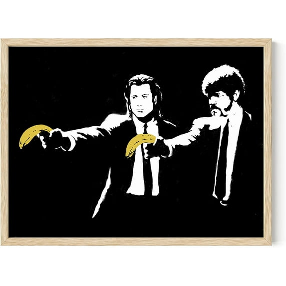 Banksy Wall Art Pulp Fiction - By Haus and Hues Street Art Wall Pulp Fiction Poster Pop Art Banksy Prints Wall Art Graffiti Banksy Wall Poster Graffiti Art Wall Decor Pop Art (Beige Framed 12x16)