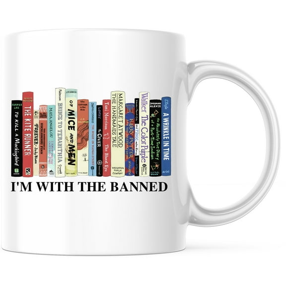 Banned Books Mug, Book Lover Gift, Literary Mug for Readers, Bookworm Coffee Cup, Unique Book Stack Mug, Librarian & Teacher Gift, Book Club Essential - 11 Ounce Novelty Coffee Cup - WMUG0299