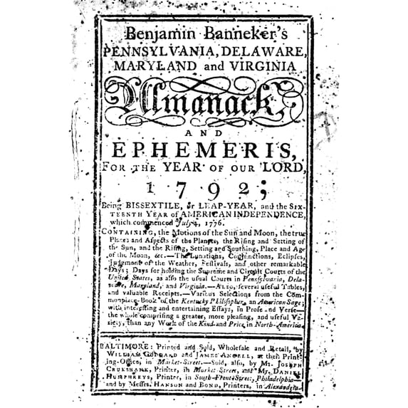 Banneker Title Page 1792. Ntitle Page Of Benjamin Banneker'S 'Almanack' For 1792 Published At Baltimore. Print by