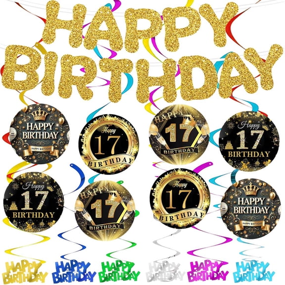 Banner 17th Black Gold Glitter Theme Party Supplies Decoration Hanging Ceiling Swirls Streamer Birthday Wall Decor