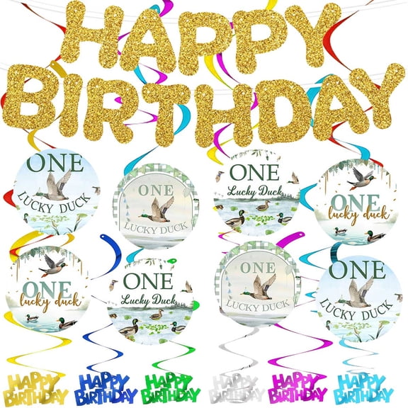 Banner 1st First One Lucky Duck Party Supplies Decoration Hanging Ceiling Swirls Streamer Birthday Wall Decor