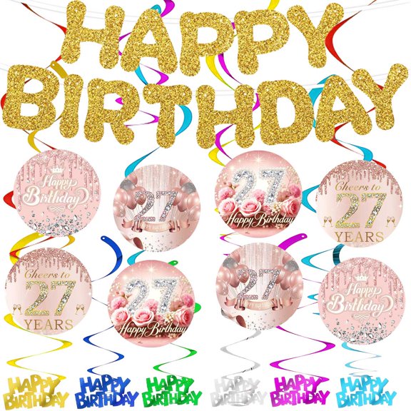 Banner 27th Rose Gold Glitter Theme Party Supplies Decoration Hanging Ceiling Swirls Streamer Birthday Wall Decor