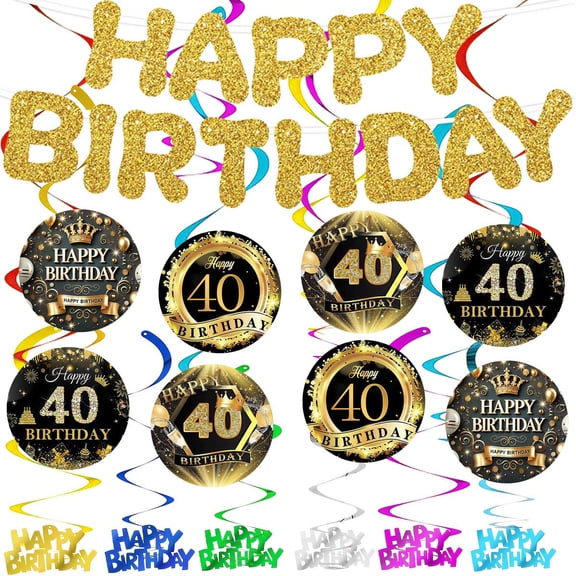 Banner 40th Black Gold Glitter Theme Party Supplies Decoration Hanging Ceiling Swirls Streamer Birthday Wall Decor