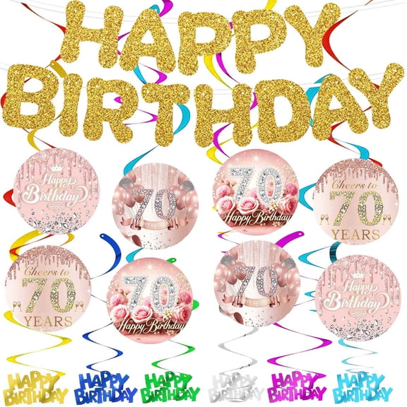 Banner 70th Rose Gold Glitter Theme Party Supplies Decoration Hanging Ceiling Swirls Streamer Birthday Wall Decor