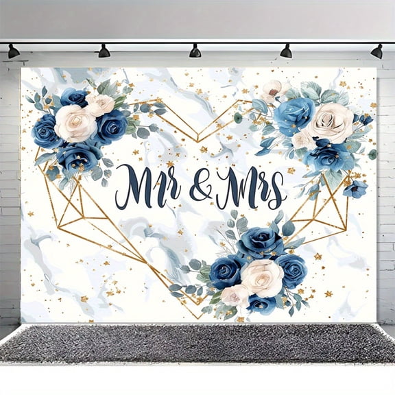 Banner for Mr. And Mrs. Wedding tapestry Featuring Blue And White Roses - Polyester Decoration for Engagement Parties, Geometric Heart Design, Suitable for All Seasons, Versatile Use