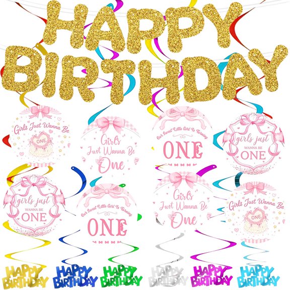 Banner Pink Bow 1st First One Party Supplies Decoration Hanging Ceiling Swirls Streamer Birthday Wall Decor