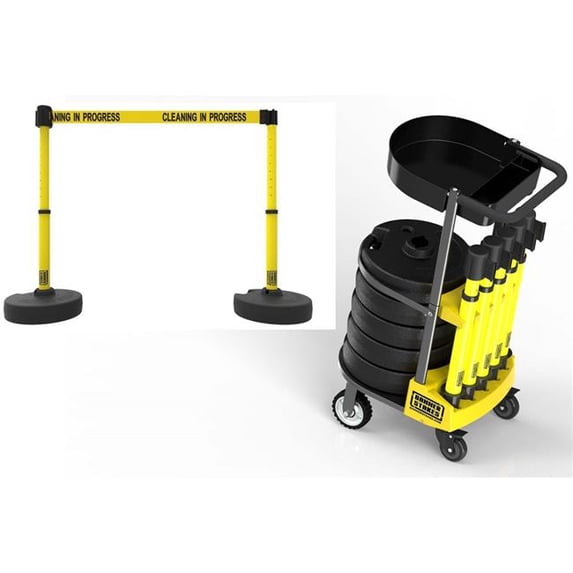 Banner Stakes PL4005T Plus Cart Package with Tray, Yellow Cleaning in Progress Banner