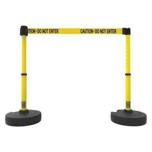 Belt Barrier System, Yellow, 15 ft Length, 22 in to 42 in Adjustable Post Height