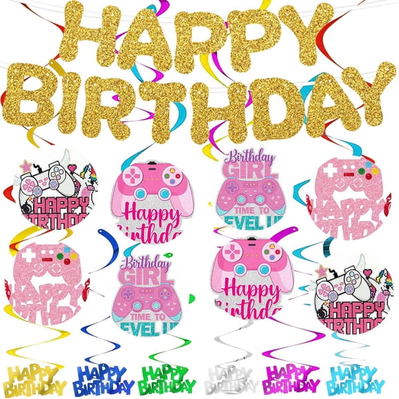 Banner Video Game Girl Pink Party Supplies Decoration Hanging Ceiling Swirls Streamer Birthday Wall Decor