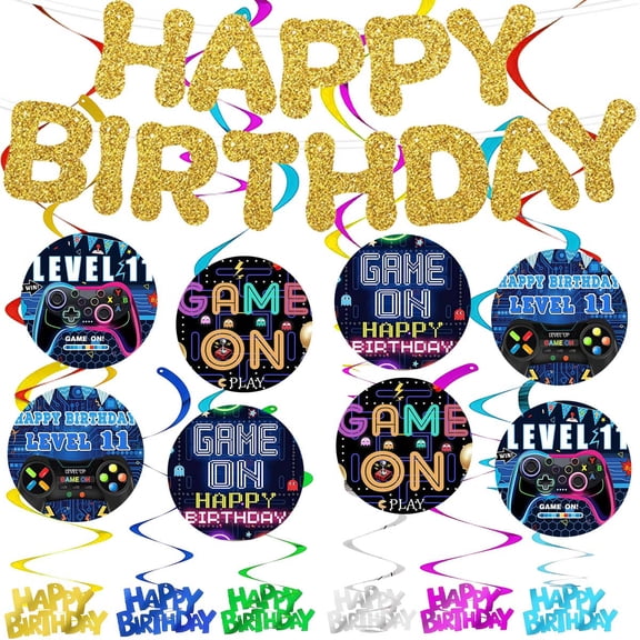 Banner Video Game Level 11th Party Supplies Decoration Hanging Ceiling Swirls Streamer Birthday Wall Decor