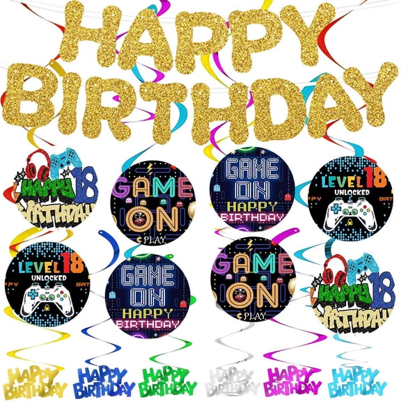 Banner Video Game Level 18th Party Supplies Decoration Hanging Ceiling Swirls Streamer Birthday Wall Decor
