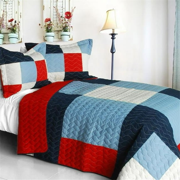 Banneret - 3 Pieces Vermicelli-Quilted Patchwork Quilt Set Full & Queen Size - Blue