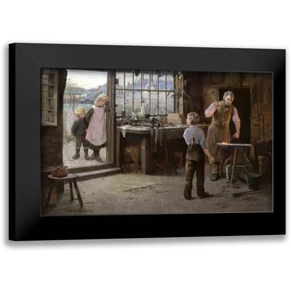 Bannerman, Hamlet 14x10 Black Modern Framed Museum Art Print Titled - His First Day at Work - Child Apprentice with Blacksmith