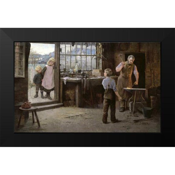 Bannerman, Hamlet 24x16 Black Modern Framed Museum Art Print Titled - His First Day at Work - Child Apprentice with Blacksmith