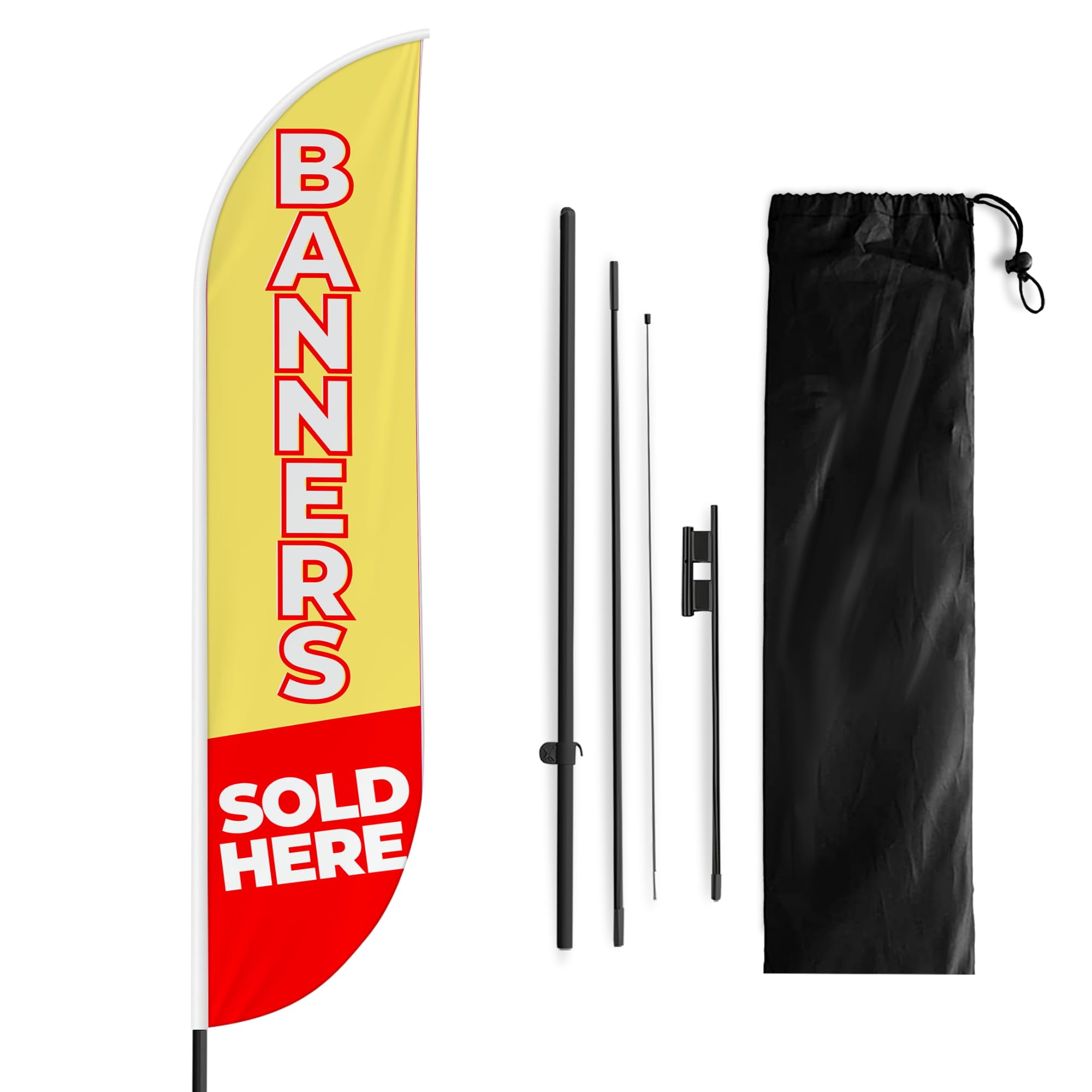 Banners Sold Here Sign feather flag Pole Mount for Outdoor by Mavis Print | 15 FEET Long Polyester Outdoor Banner Flag Pole Kit for Easy Hang | HD Print Swooper Flag Pole Stand for Business Advert