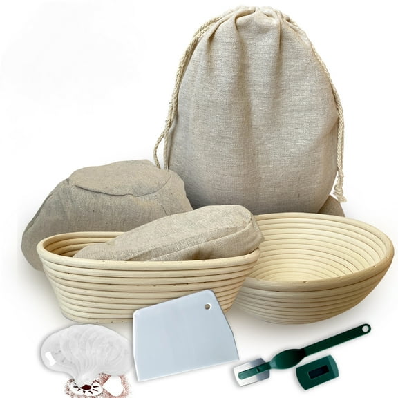 Banneton Bread Proofing Basket 23 Piece Set, Round 9 and Oval 10 Inch Rattan Sourdough Baskets with Dough Scraper, Scoring Lame, Linen Bread Bag, Bread Basket Liner and Bread Stencils